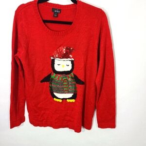 Erika Women's Size Medium M Pullover Christmas Holiday Sweater Sequin Penguin‎